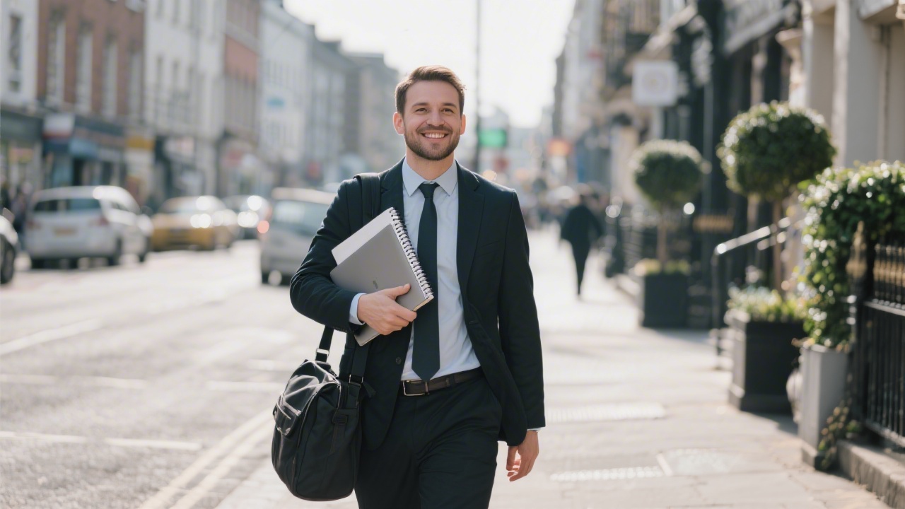 Professional walking along a Dublin street with a notebook and laptop bag, representing a friendly and accessible local content team
