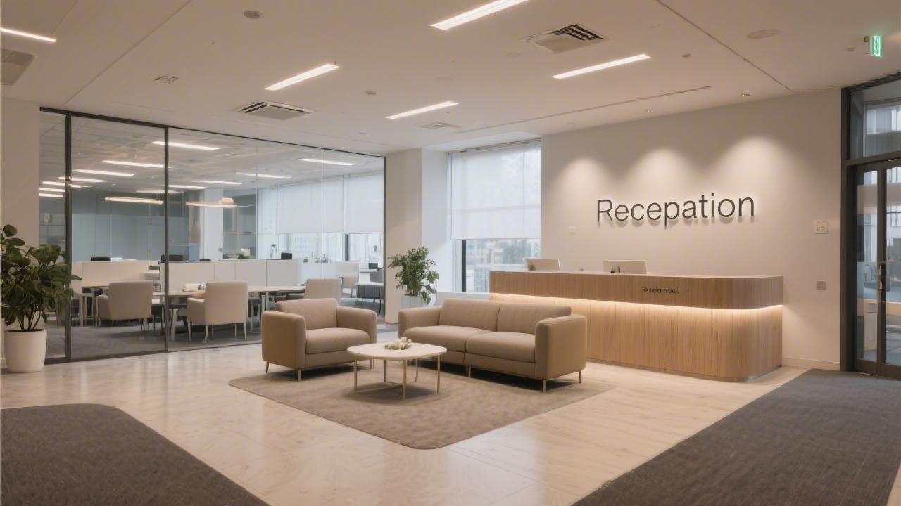 Interior view of a modern Dublin office lobby with soft lighting, seating area, and a sign reading reception, conveying a welcoming business environment