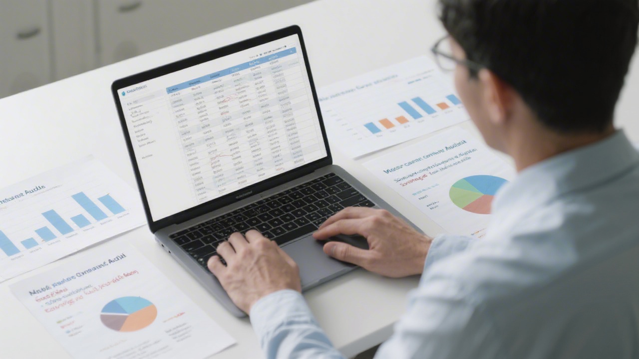Analyst reviewing website content audit spreadsheet on a laptop with printed performance charts and bilingual notes spread across a clean desk