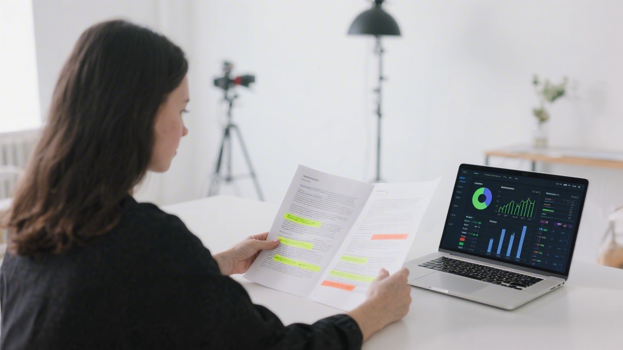 Content strategist reviewing printed article drafts with highlight marks and a laptop open to analytics dashboards in a bright studio environment