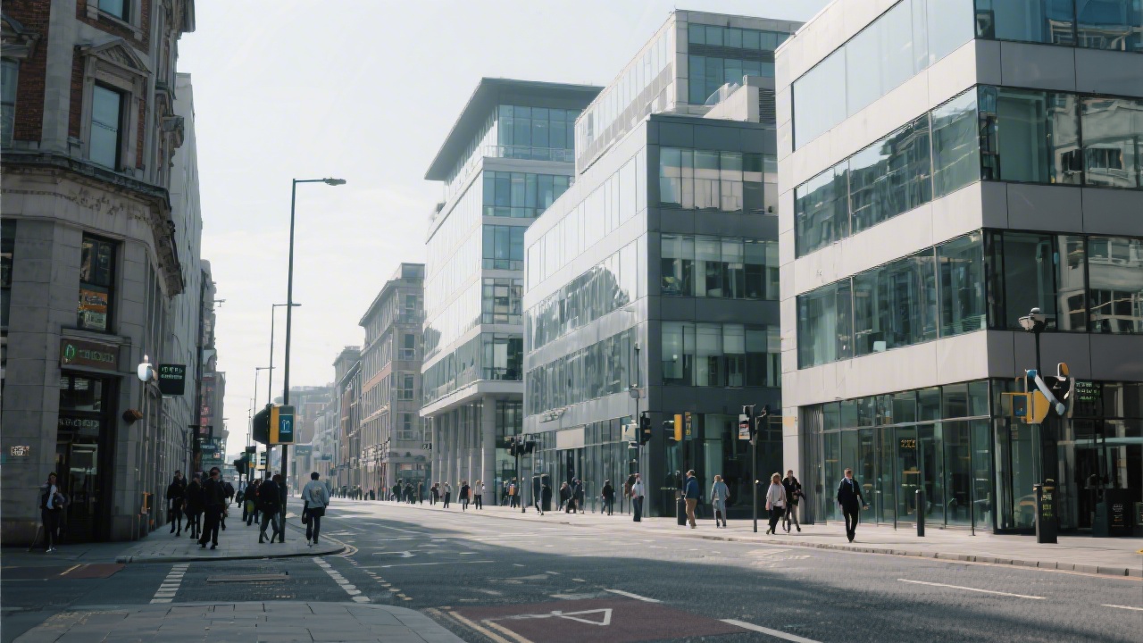 Editorial style photograph of a Dublin street with modern office buildings and pedestrians, conveying a calm business atmosphere and Irish market context