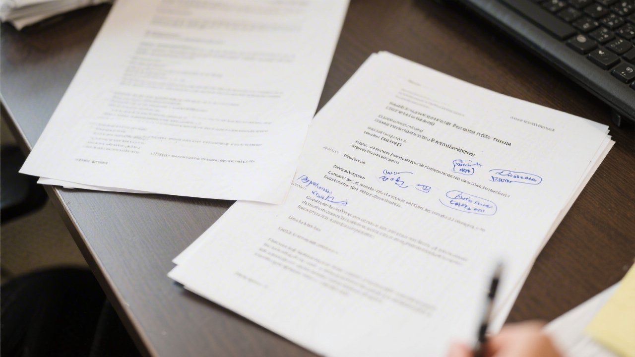 Close-up of bilingual copy drafts on a desk with annotations, highlighting localised Irish terminology alongside English equivalents