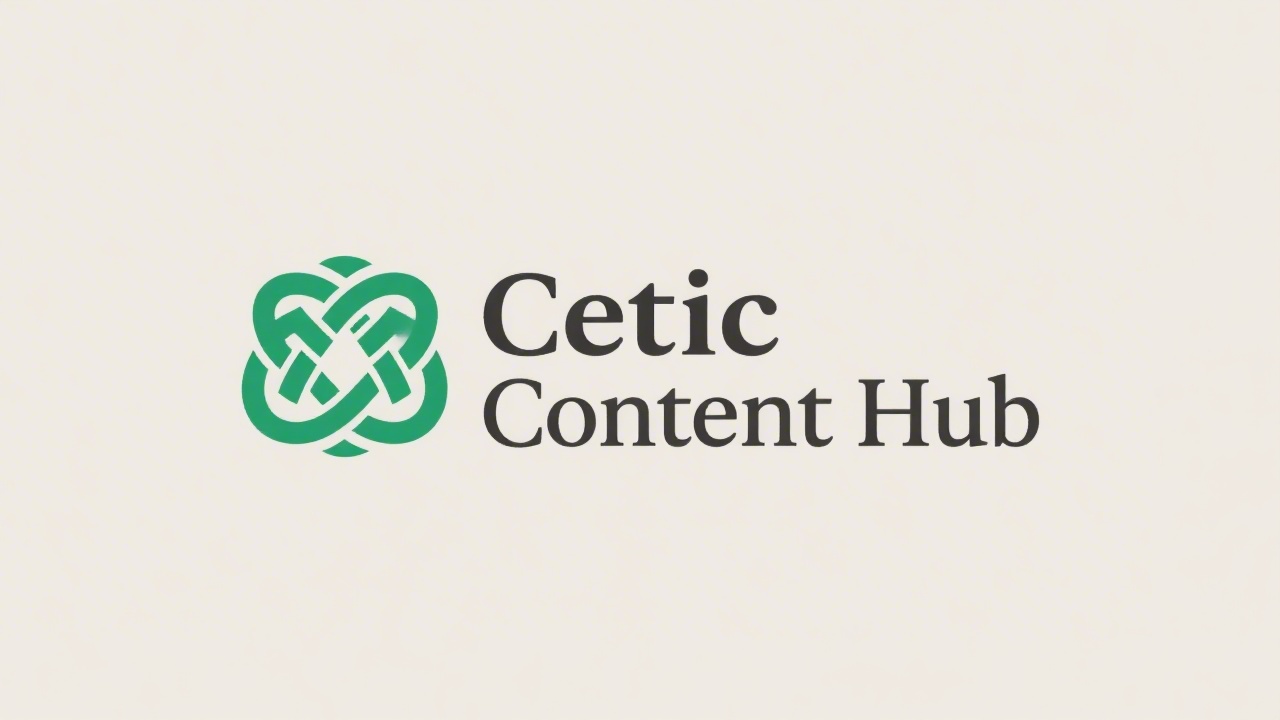 Simple Celtic knot style wordmark logo reading Celtic Content Hub in clean serif lettering with a small emerald circle icon