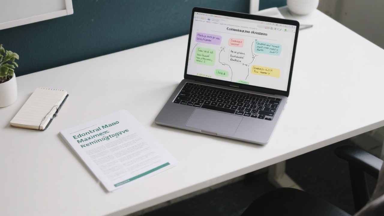 Clean office desk with a laptop showing content strategy notes, printed Irish and English copy, and a notebook labelled editorial roadmap