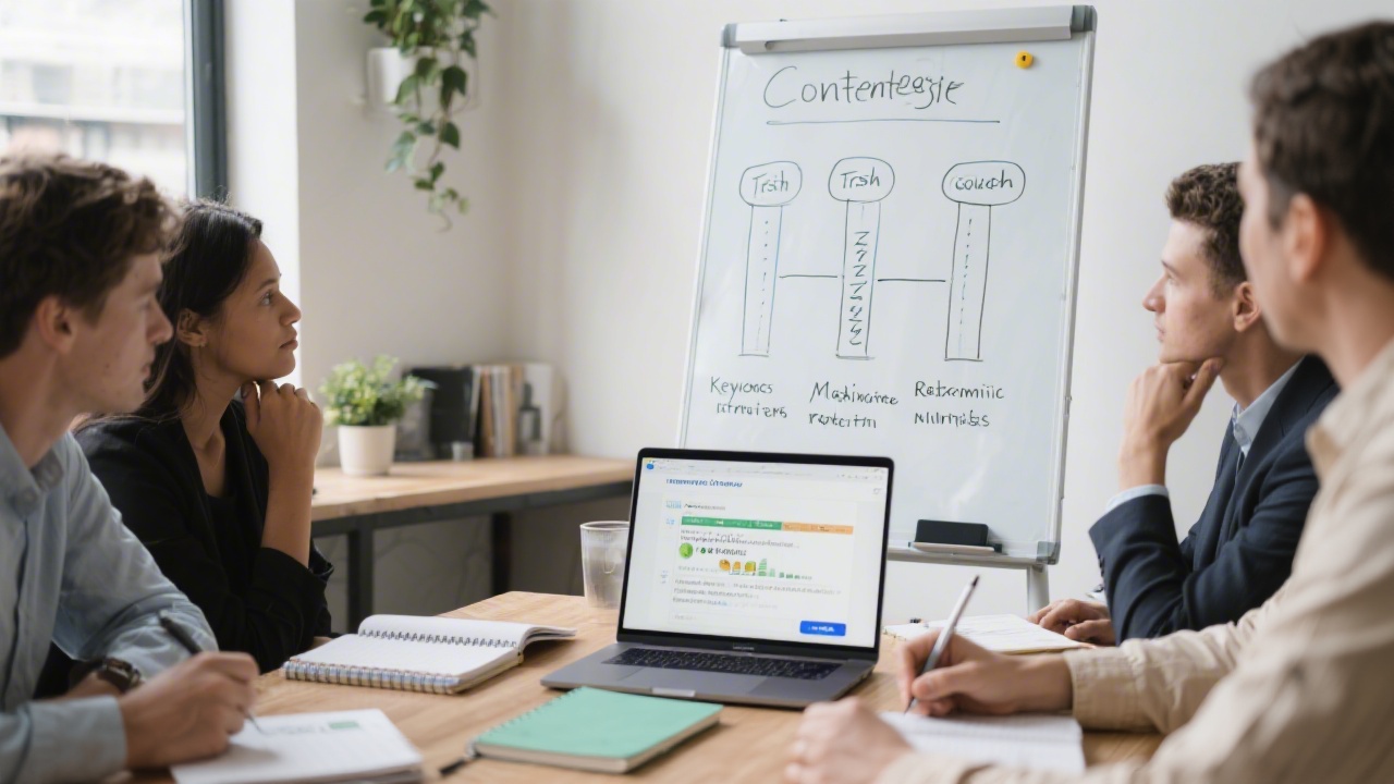 Strategy session with notebooks, a whiteboard showing content pillars, and a laptop displaying keyword research for Irish queries