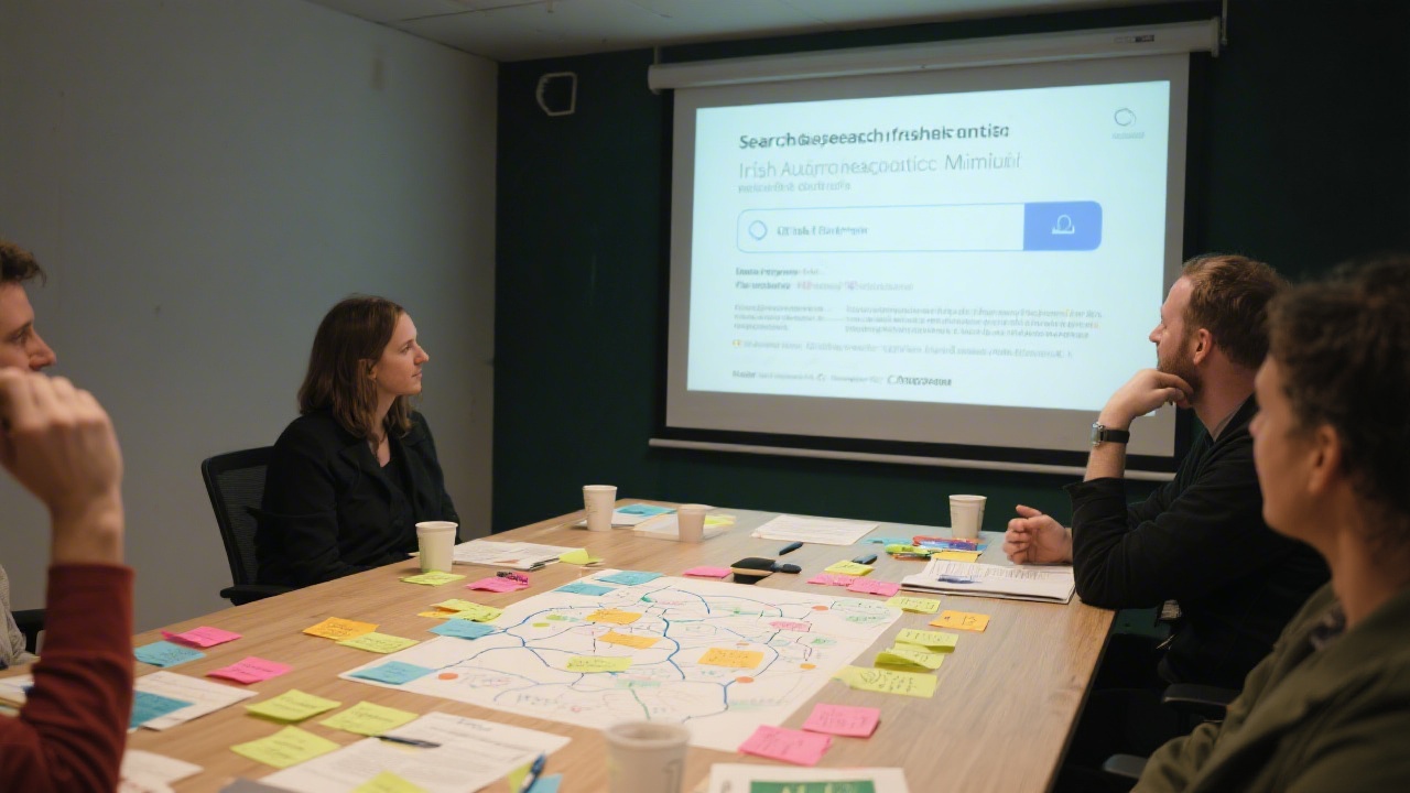 Small team workshop table with strategy maps, sticky notes, and a projection screen displaying search research for Irish audiences